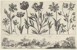 Horizontaal paneel met een rij bloemen boven een fries met figuren in een landschap, 1645
