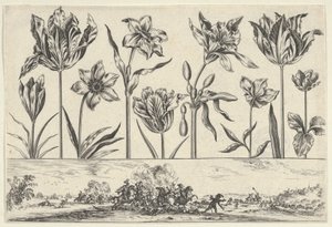 Horizontaal paneel met een rij bloemen boven een fries met een gevechtsscène in een landschap door Nicolas Cochin