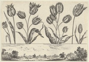 Horizontaal paneel met een rij bloemen boven een fries met een jachtscène in een landschap, 1645