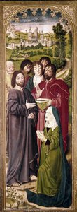 De opstanding van Lazarus: Martha voor Christus (detail van het linker paneel) door Nicolas Froment