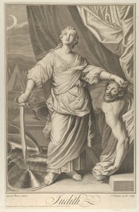 Judith staand en omhoog kijkend, met het hoofd van Holofernes in haar linkerhand