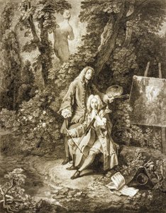 Heren de Jullienne en Watteau in een park naar schilderij van Watteau