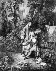 Schilder Jean Antoine Watteau (1684-1721) en zijn vriend Jean De Jullienne (1686-1766), gravure door Nicolas Henri Tardieu
