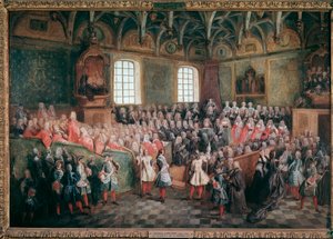 Bed van gerechtigheid gehouden door de meerderheid van koning Lodewijk XV in de Grote Kamer van het Parlement van Parijs op 22 februari door Nicolas Lancret