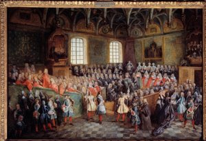Lit de justice gehouden door de meerderheid van koning Lodewijk XV in de Grote Kamer van het Parlement van Parijs op 22 februari door Nicolas Lancret