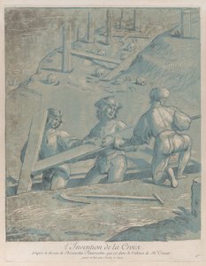 De Uitvinding van het Kruis, drie mannen tillen een kruis uit een greppel door Nicolas Le Sueur