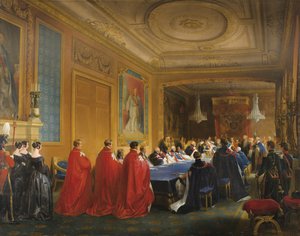 Louis-Philippe ontvangt de Orde van de Kousenband uit handen van een jonge koningin Victoria, 1844