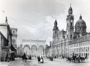 Koninklijk Paleis, Hal van Maarschalken en Kerk van de Theatijnen in München, eerste helft negentiende eeuw door Nicolas Marie Joseph Chapuy