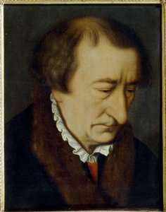 Portret van Johann Neudorffer de oudere (1497-1563). Meester schrijver, auteur van de verzameling Fundament (1519, Neurenberg), het oudste gedrukte schrijfhandboek. Schilderij van Nicolas Neufchatel, olie op doek