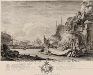 Allegorische gravure van de schenking van schepen circa 1762 door Nicolas Ozanne