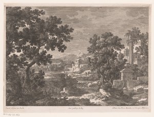 Landschap met antieke bron bij rivier door Nicolas Perelle