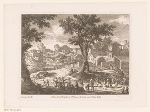 Landschap met groep dansende en pratende mensen