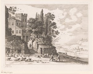 Landschap met huis, figuren en vee door Nicolas Perelle