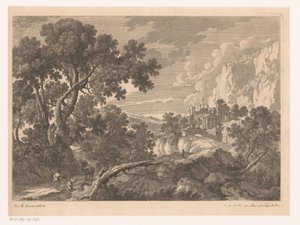Landschap met knielende figuur bij een ezel