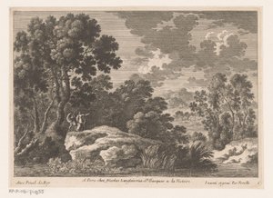 Landschap met man, vrouw en kind op rots bij vijver
