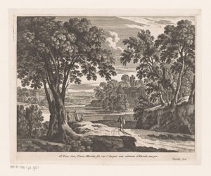 Landschap met rivier en wandelaars door Nicolas Perelle