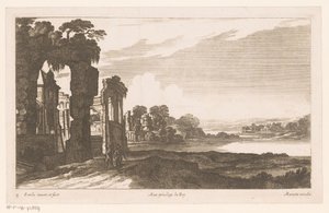 Rivierlandschap met begroeide ruïnes