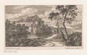 Rivierlandschap met brug met twee bogen door Nicolas Perelle