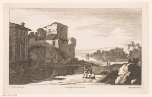 Rivierlandschap met ruïne met boogbrug
