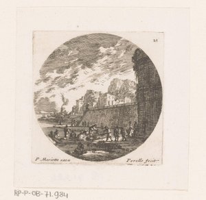 Stadsgezicht met aangemeerde roeiboot