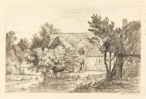 Een Huis en een Schaduwrijk Huisje aan de Oever van een Rivier door Nicolas Perignon