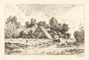 Een Laag Huisje met een Herder die Zijn Kudde Leidt door Nicolas Perignon
