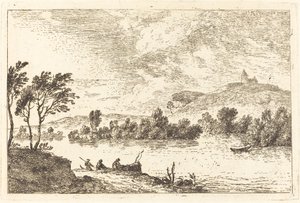 Rivierlandschap met Figuren en een Boot aan de Waterkant door Nicolas Perignon