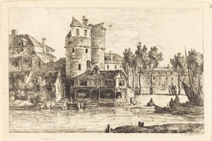 Stad aan een Rivieroever met Twee Ronde Torens door Nicolas Perignon