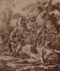 Een bebost landschap met een riviergod en putti door Nicolas Poussin
