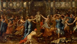 Hymenaios verkleed als vrouw tijdens een offer aan Priapus (detail) door Nicolas Poussin