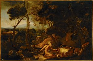 Landschap met de heilige Hiëronymus ... (schilderij op doek) door Nicolas Poussin