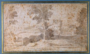 Landschap met een grote boom in het midden en een belvedère door Nicolas Poussin