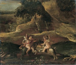 Putti vechtend op geiten door Nicolas Poussin