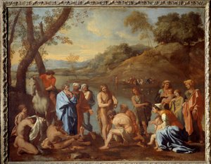 Sint Jan doopt de mensen. Sint Jan de Doper zegent mannen bij een rivier