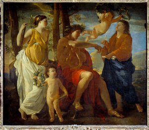 De inspiratie van de dichter, een dichter met een lier in de hand en een lauwerkrans op het hoofd, omringd door Muzen en putti. schilderij door Nicolas Poussin door Nicolas Poussin