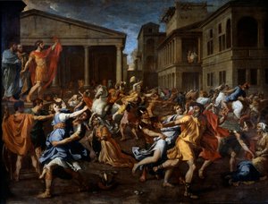 De ontvoering van de Sabijnse vrouwen door de Romeinen. Romulus links observeert de scène. Schilderij door Nicolas Poussin