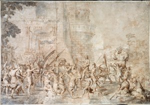 De triomf van David die het hoofd van Goliath terugbrengt Tekening door Nicolas Poussin