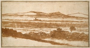 Uitzicht over een vallei naar verre heuvels door Nicolas Poussin