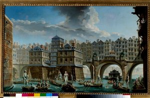 Het spel van de zeeman tussen de Pont Notre-Dame en de Pont-au-Change. Een nautisch spel op de Seine in Parijs. Schilderij door Nicolas Jean Baptiste Raguenet (1715-1793) 1756 Parijs, Musee Carnavalet