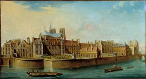Zicht op het Île de la Cité met de apsis van de Notre Dame en de Quai aux Fleurs vanaf het Île Saint Louis in Parijs