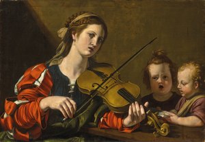 Een vrouw die viool speelt met twee zingende kinderen
