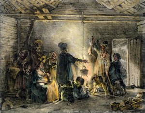 Interieur van een kolenmijnwerkershut, gegraveerd door Godefroy Engelmann, 1829