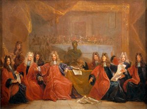De reeve van de kooplieden en de raadsleden van de stad Parijs beraadslagen over de aanbieding van een feestmaal aan Lodewijk XIV ...