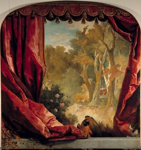 Decoratieve compositie met gordijnen, landschap en dieren