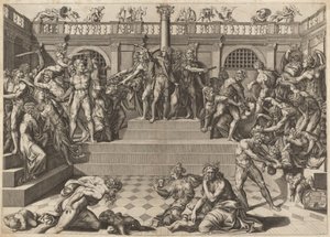 De Slachting van de Onschuldigen door Nicolaus Beatrizet, after Marco Dente, after Baccio Bandinelli