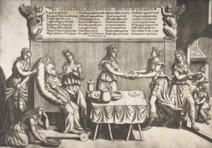Eerbiedwaardige Luiheid, Koningin van Luilekkerland, een dikke vrouw zittend op een verplaatsbare toiletstoel