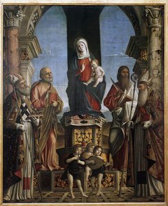 De Maagd en Kind op de troon met St. Nicolaas, St. Petrus, St. Bartolomeüs en St. Augustinus