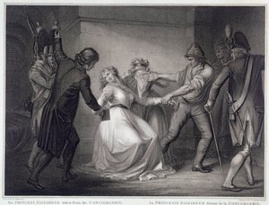 Franse Revolutie: de zus van koning Lodewijk XVI Elisabeth van Frankrijk (1764-1794) werd vrijgelaten uit de Concierge gevangenis op 10/05/1794. Gravure door Niccolo Schiavonetti (overleden 1813) Parijs, Musee Carnavalet