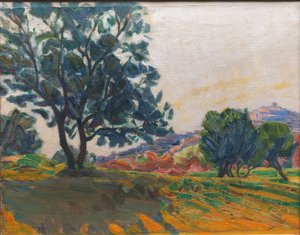 De olijfboomgaard. Met Cagnes op de achtergrond. Tegen het licht