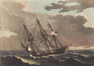 Een Amerikaans schip lenzend voor een fok door Niels Truslew
